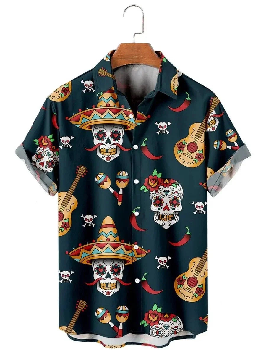 Mens Button Down Mexican Sugar Skull Hawaiian Shirt Fiesta Party Novelty Gift Unisex T-shirt, Sweatshirt, Hoodie, Long Sleeve Tee - T-Shirt, Sweatshirt, Hoodie