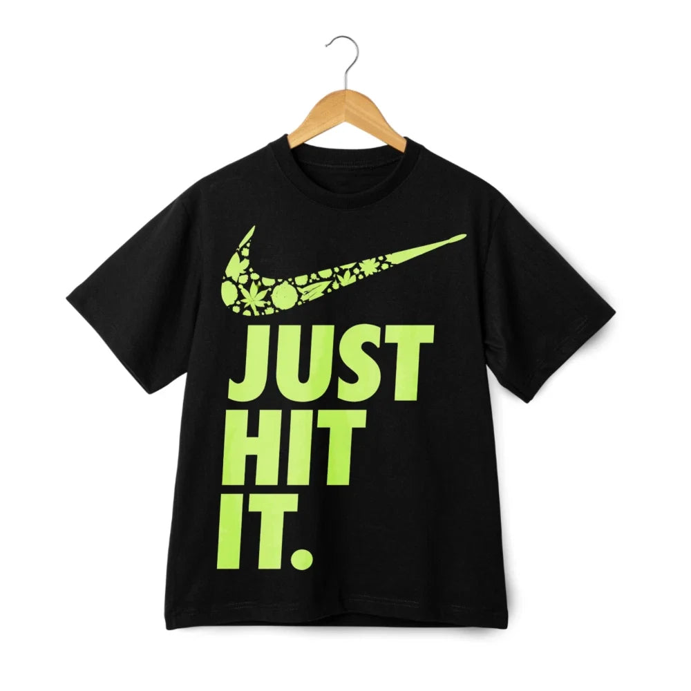 Just Hit It Botanical Swoosh Parody Pot Leaves Print T-Shirt, Retro Casual Tee Unisex T-shirt, Sweatshirt, Hoodie, Long Sleeve Tee - T-Shirt, Sweatshirt, Hoodie