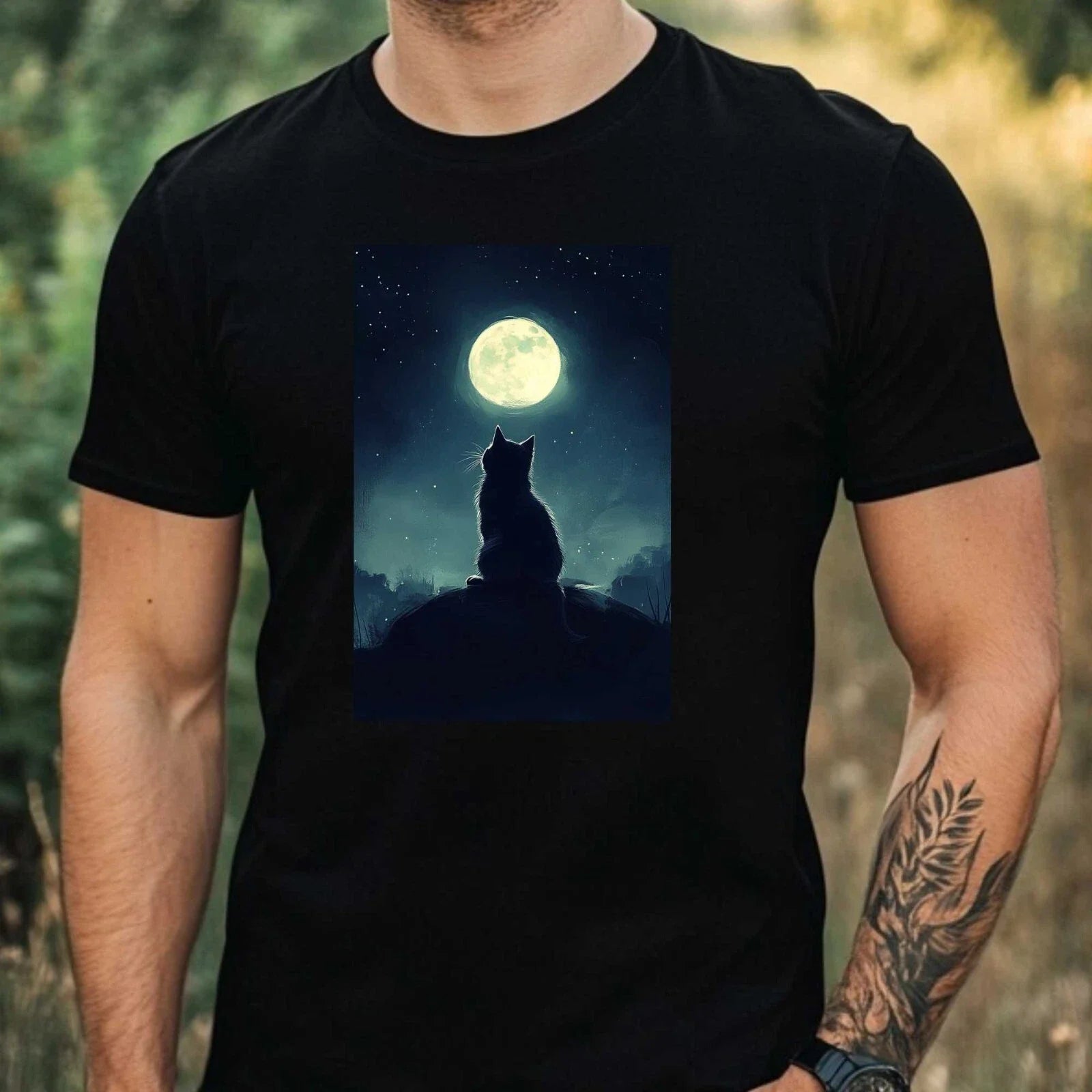 Mens Cat In The Moonlight Motif Cotton T-Shirt Size XS to 5XL Unisex T-shirt, Sweatshirt, Hoodie, Long Sleeve Tee - T-Shirt, Sweatshirt, Hoodie