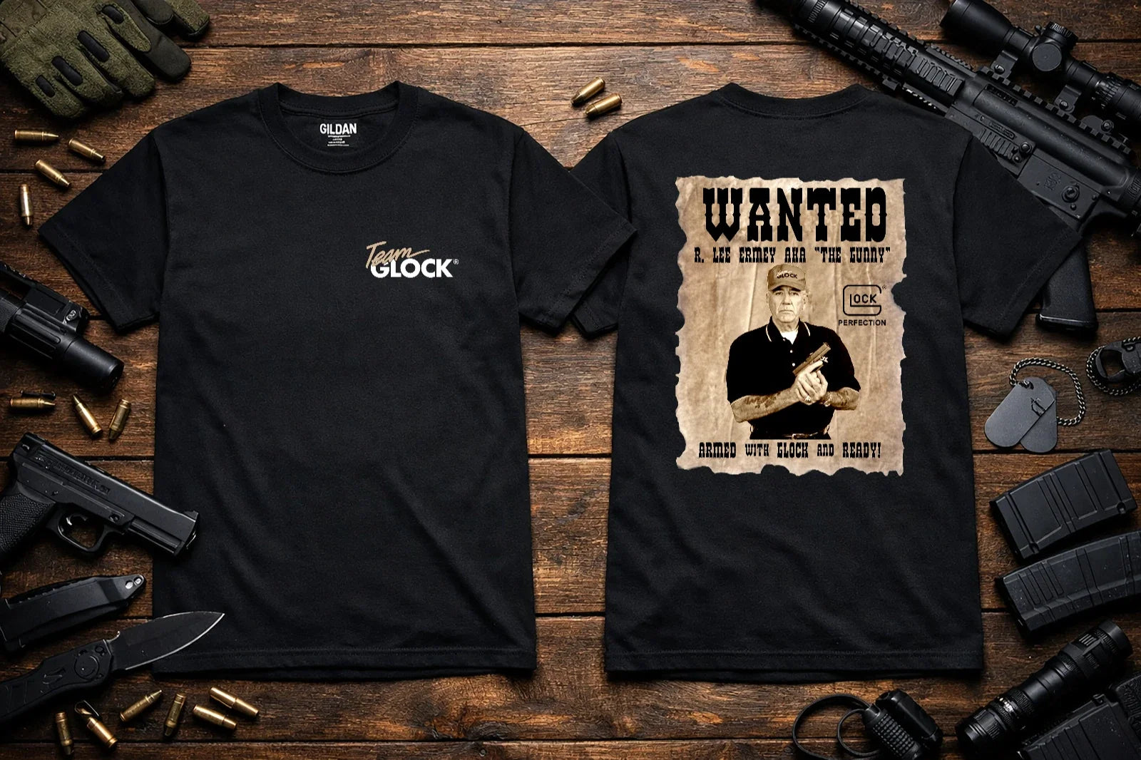 TEAM GLOCK  R.LEE ERMEY THE GUNNY  T-SHIRT Small - 5X Unisex T-shirt, Sweatshirt, Hoodie, Long Sleeve Tee - T-Shirt, Sweatshirt, Hoodie