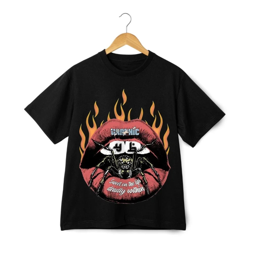 Gothic Lips Spider Fire Flame Rock Style T-shirt - Edge Fashion Retro Streetwear Unisex T-shirt, Sweatshirt, Hoodie, Long Sleeve Tee - T-Shirt, Sweatshirt, Hoodie