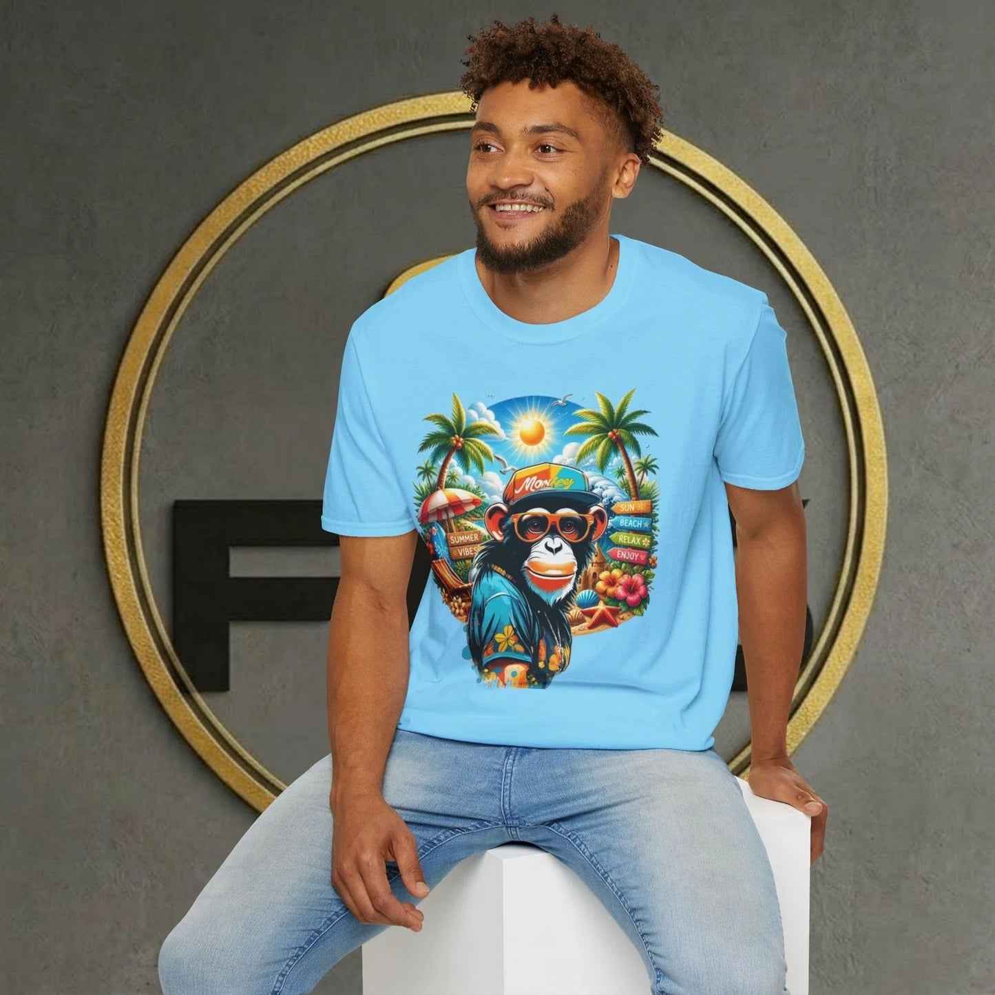 Cool Monkey Summer Vibes Unisex Softstyle T-Shirt 15 COLORS Design by FES Unisex T-shirt, Sweatshirt, Hoodie, Long Sleeve Tee - T-Shirt, Sweatshirt, Hoodie