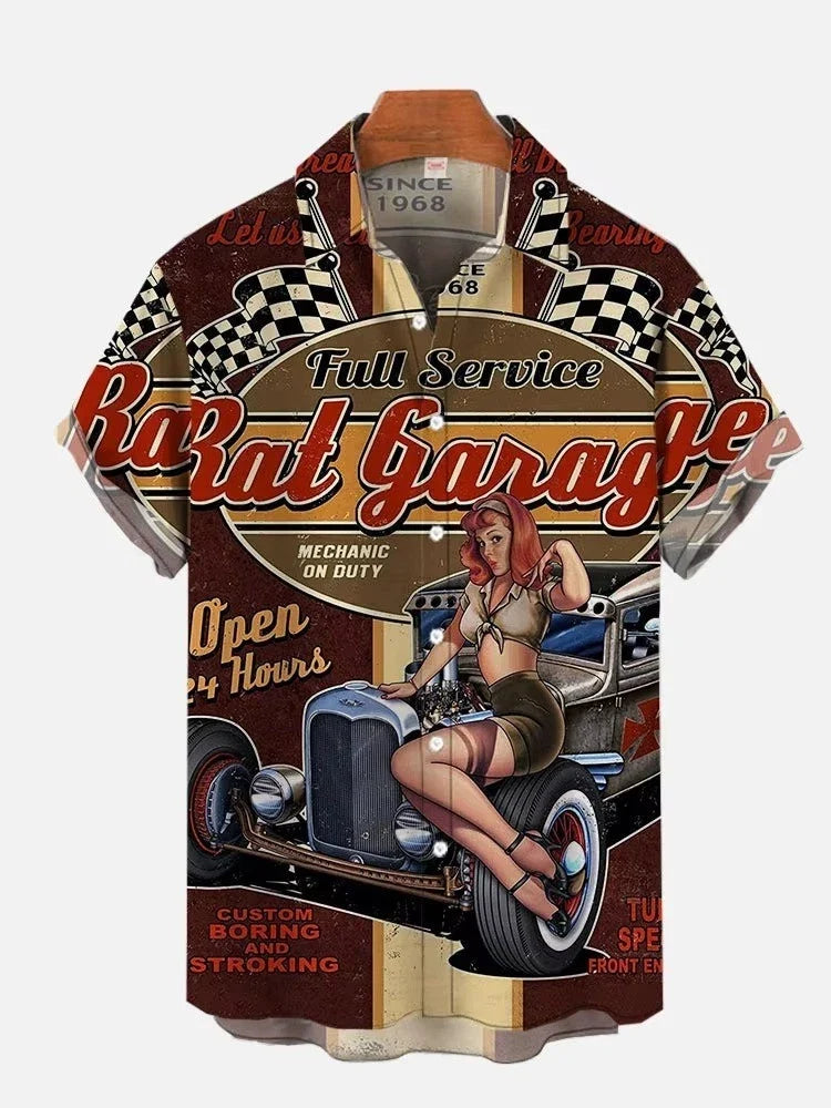 Mens Button Down Pinup Girl Garage Graphic Hawaiian Top Novelty Holiday Shirt Unisex T-shirt, Sweatshirt, Hoodie, Long Sleeve Tee - T-Shirt, Sweatshirt, Hoodie