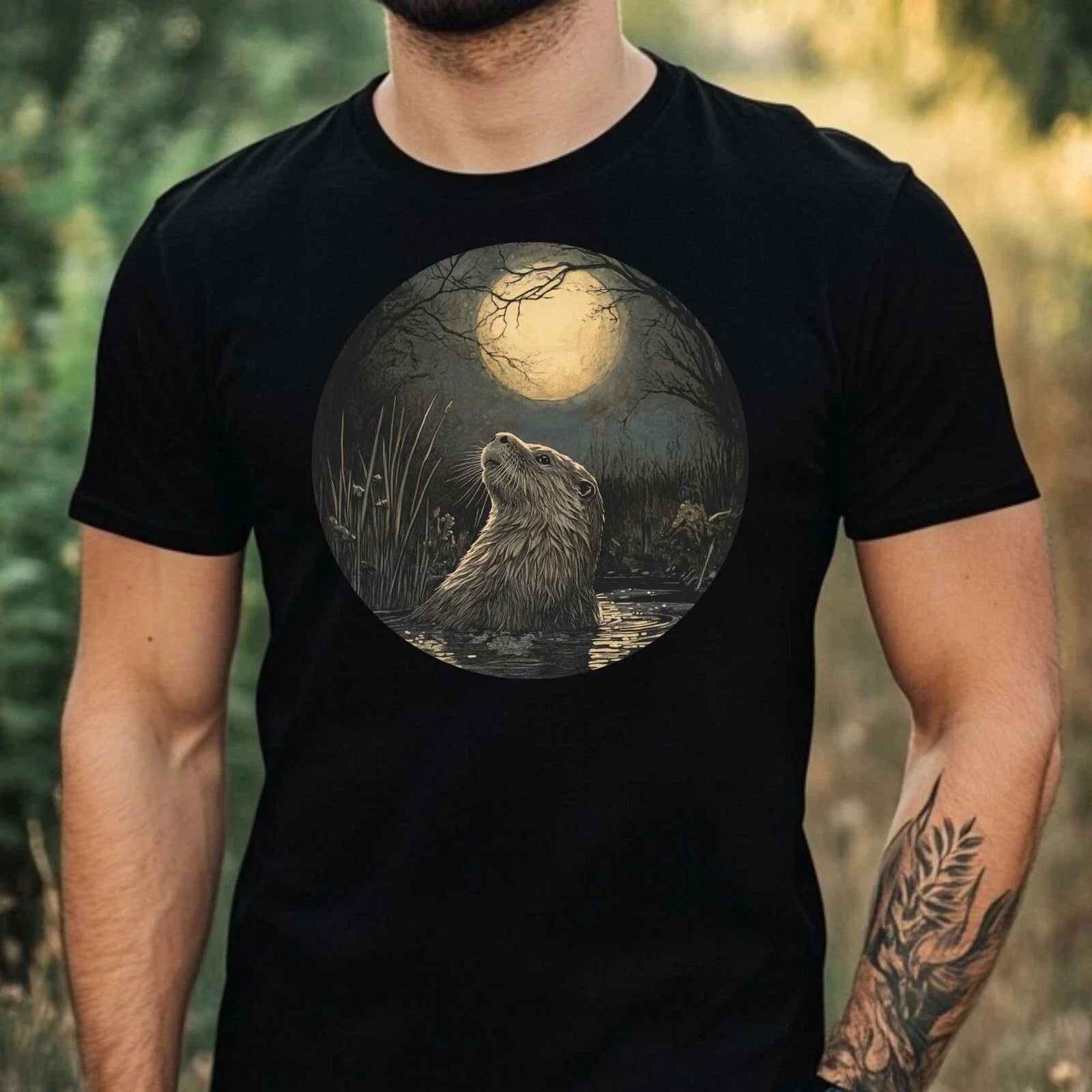Mens Otter In The Moonlight Motif Cotton T-Shirt Size XS to 5XL Unisex T-shirt, Sweatshirt, Hoodie, Long Sleeve Tee - T-Shirt, Sweatshirt, Hoodie
