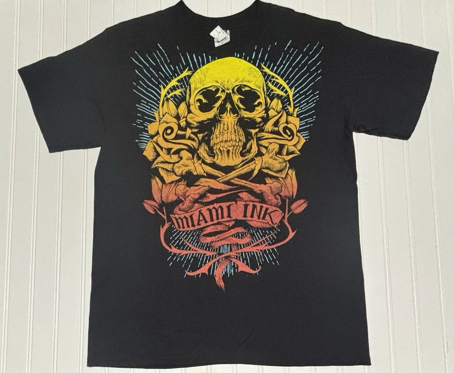 Vintage 2000s Y2K Miami Ink Skull Grunge Graphic Tee Size L Skater Black Anvil Unisex T-shirt, Sweatshirt, Hoodie, Long Sleeve Tee - T-Shirt, Sweatshirt, Hoodie