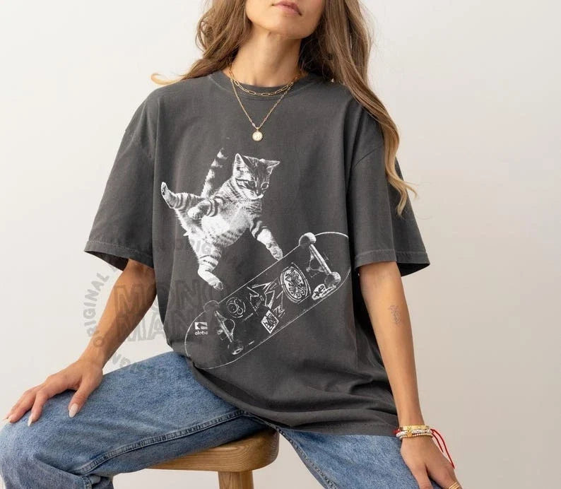 Retro Skateboarding Cat Graphic T Shirt, Vintage Kitten Punk Streetwear Tee Unisex T-shirt, Sweatshirt, Hoodie, Long Sleeve Tee - T-Shirt, Sweatshirt, Hoodie