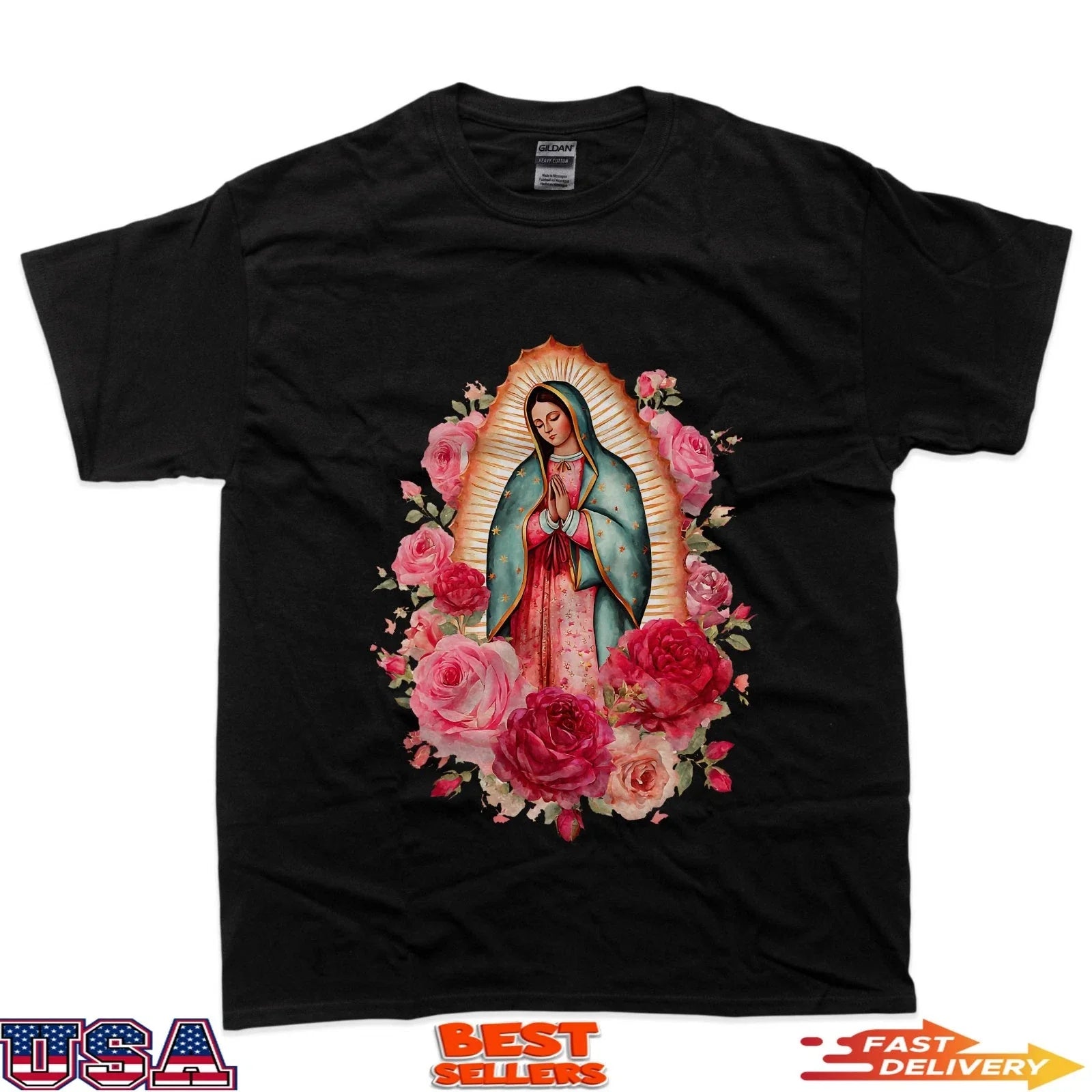 Our Lady Virgen De Guadalupe Saint Virgin Mary Pink Roses T-Shirt Unisex T-shirt, Sweatshirt, Hoodie, Long Sleeve Tee - T-Shirt, Sweatshirt, Hoodie