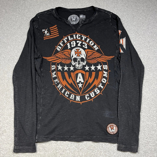 Affliction Shirt Mens Large Thermal Y2K Skull Cross Graphic Long Sleeve Henley Unisex T-shirt, Sweatshirt, Hoodie, Long Sleeve Tee - T-Shirt, Sweatshirt, Hoodie