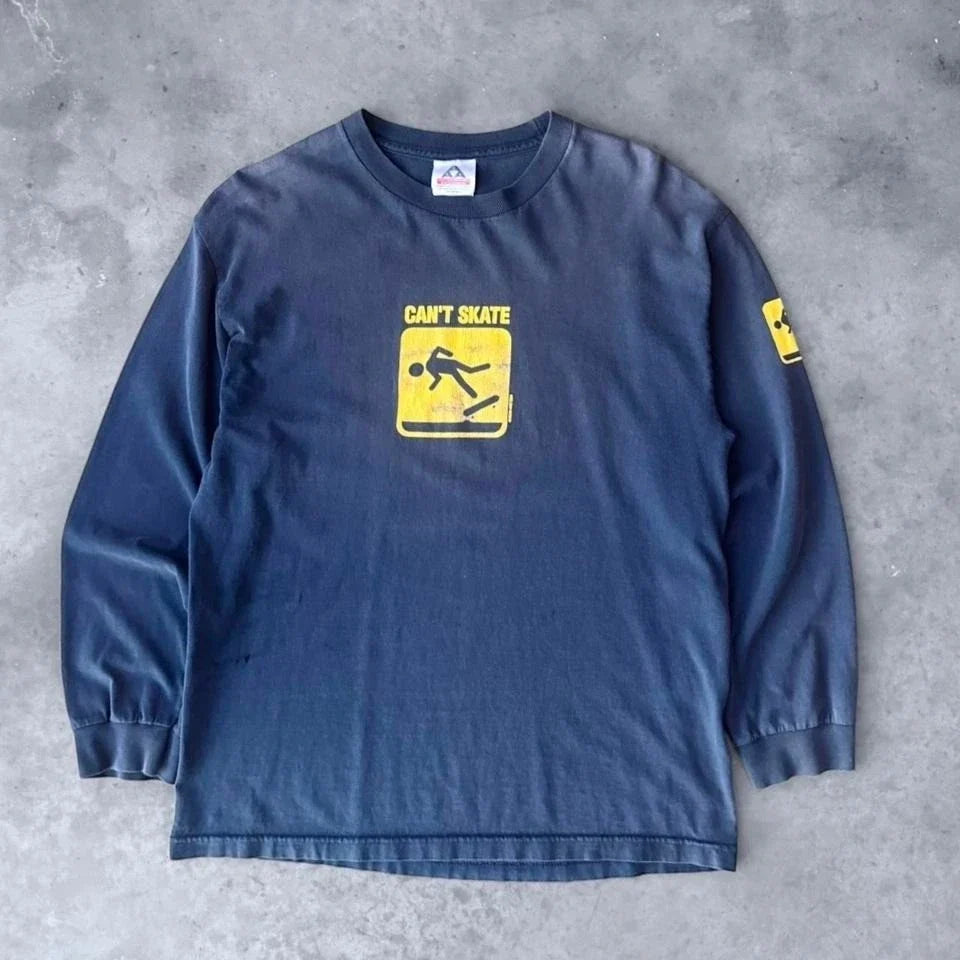 Vintage Y2K Can't Skate Text T-shirt Tee Long Sleeve Sun Faded Large Mens Blue Unisex T-shirt, Sweatshirt, Hoodie, Long Sleeve Tee - T-Shirt, Sweatshirt, Hoodie