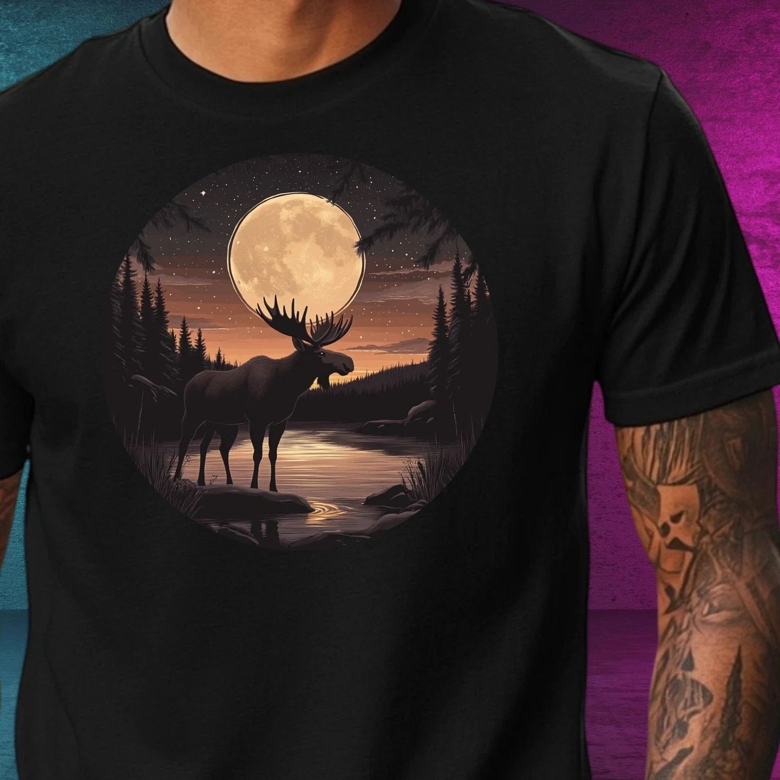 Mens Moose at Full Moon Motif Cotton T-Shirt Size XS to 5XL Unisex T-shirt, Sweatshirt, Hoodie, Long Sleeve Tee - T-Shirt, Sweatshirt, Hoodie
