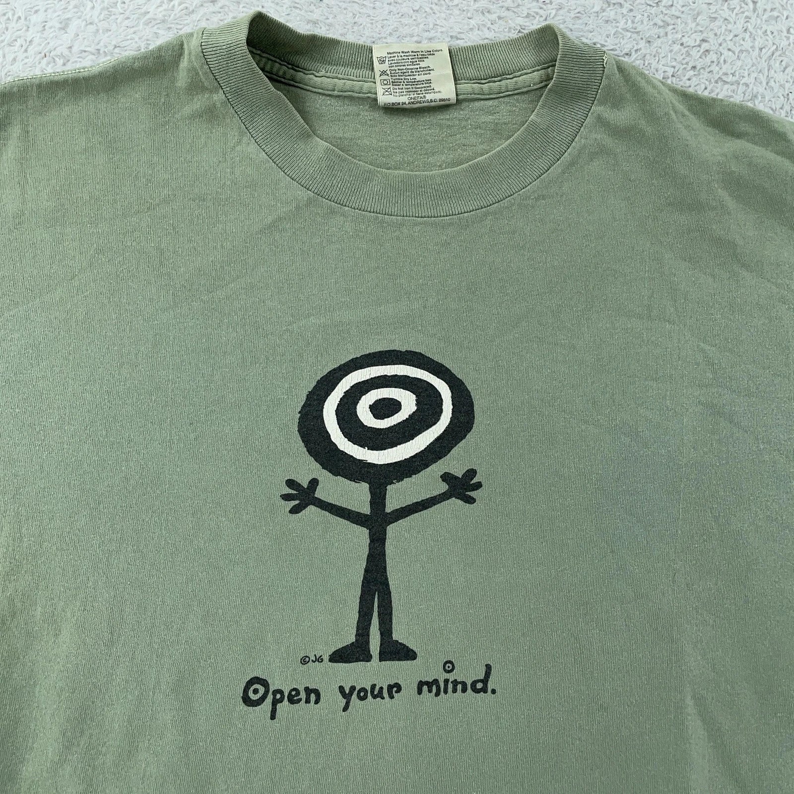 Vintage Open Your Mind T-Shirt Mens XL Stick Figure Art Hippy Sage Green 90s Unisex T-shirt, Sweatshirt, Hoodie, Long Sleeve Tee - T-Shirt, Sweatshirt, Hoodie
