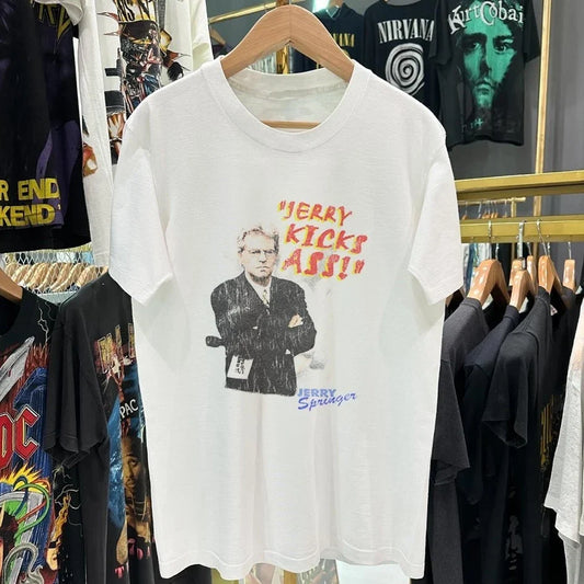 90's Jerry Kicks Ass Washed White T-Shirt L Unisex T-shirt, Sweatshirt, Hoodie, Long Sleeve Tee - T-Shirt, Sweatshirt, Hoodie