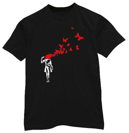 BANKSY BUTTERFLY SUICIDE T-SHIRT - Urban Art Butterflies Girl - Sizes S-XXXL Unisex T-shirt, Sweatshirt, Hoodie, Long Sleeve Tee - T-Shirt, Sweatshirt, Hoodie