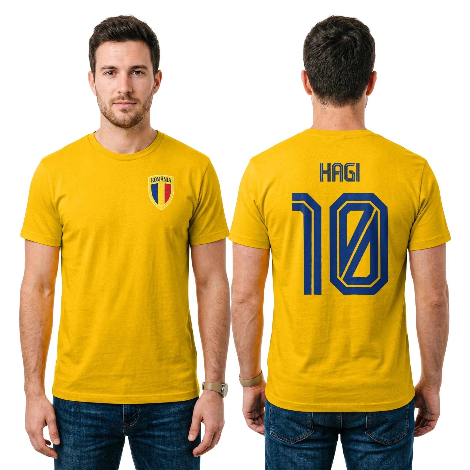 Romania Hagi Football Soccer Yellow T-shirt | Retro Romanian Jersey Unisex T-shirt, Sweatshirt, Hoodie, Long Sleeve Tee - T-Shirt, Sweatshirt, Hoodie
