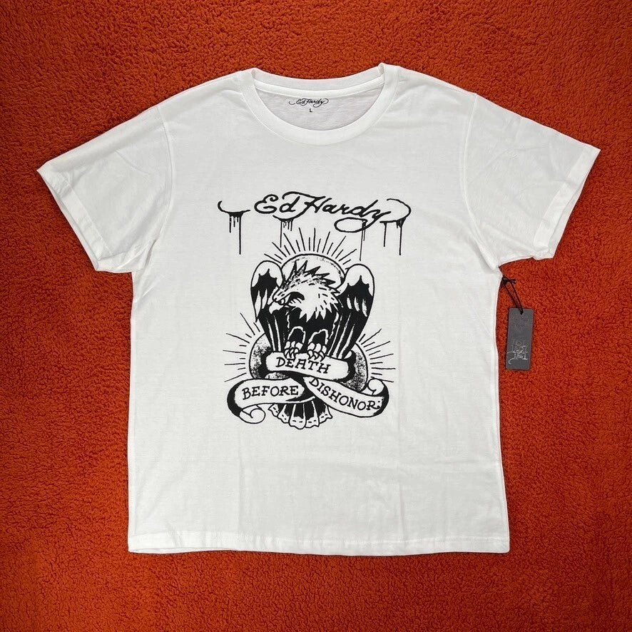ED HARDY T-Shirt Mens LARGE Graphic Tattoo White Eagle Death Before Dishonor Y2K Unisex T-shirt, Sweatshirt, Hoodie, Long Sleeve Tee - T-Shirt, Sweatshirt, Hoodie