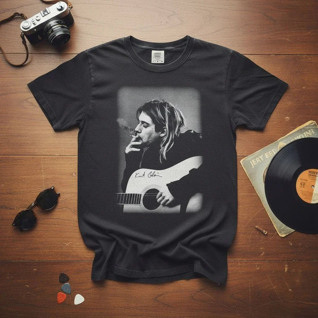 Vintage Kurt Cobain Black & White Guitar Portrait Tee Unisex T-shirt, Sweatshirt, Hoodie, Long Sleeve Tee - T-Shirt, Sweatshirt, Hoodie
