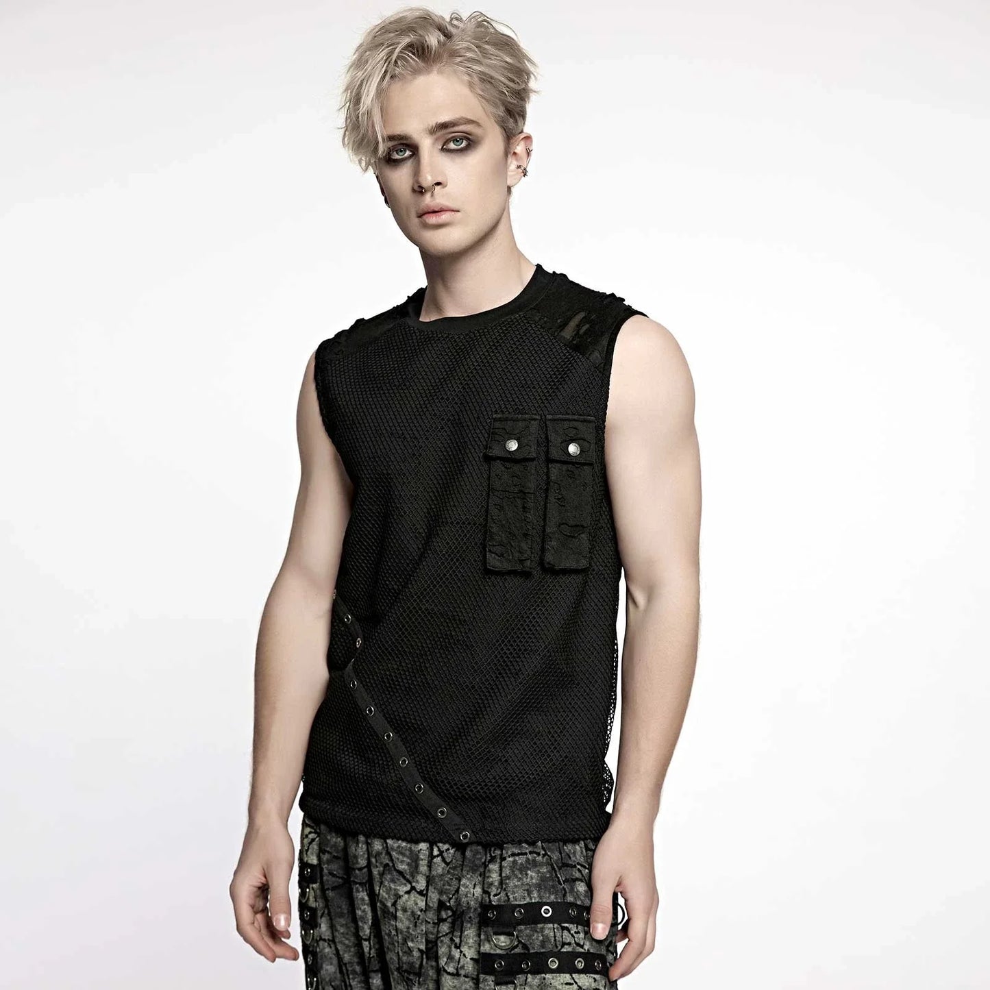 PUNK RAVE Gothic Top Mens Black Sleeveless Fishnet Crank Top Studded Pockets Unisex T-shirt, Sweatshirt, Hoodie, Long Sleeve Tee - T-Shirt, Sweatshirt, Hoodie