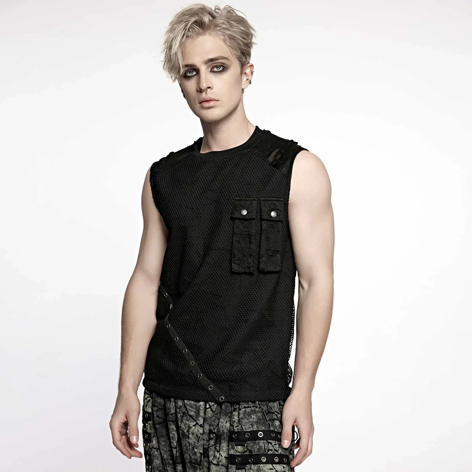 PUNK RAVE Gothic Top Mens Black Sleeveless Fishnet Crank Top Studded Pockets Unisex T-shirt, Sweatshirt, Hoodie, Long Sleeve Tee - T-Shirt, Sweatshirt, Hoodie