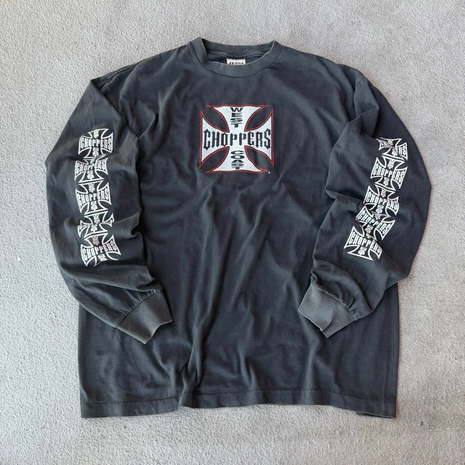 Vintage BOOT West Coast Choppers White Jesse Who T Shirt XL Longsleeve Red Black Unisex T-shirt, Sweatshirt, Hoodie, Long Sleeve Tee - T-Shirt, Sweatshirt, Hoodie