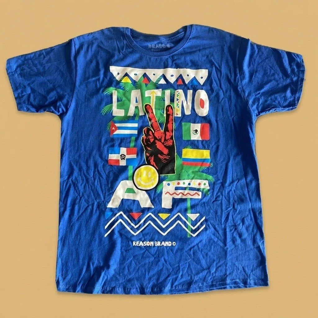 Reason Brand Latino AF T-Shirt Mens XL Blue Graphic Peace Sign Flags Streetwear Unisex T-shirt, Sweatshirt, Hoodie, Long Sleeve Tee - T-Shirt, Sweatshirt, Hoodie