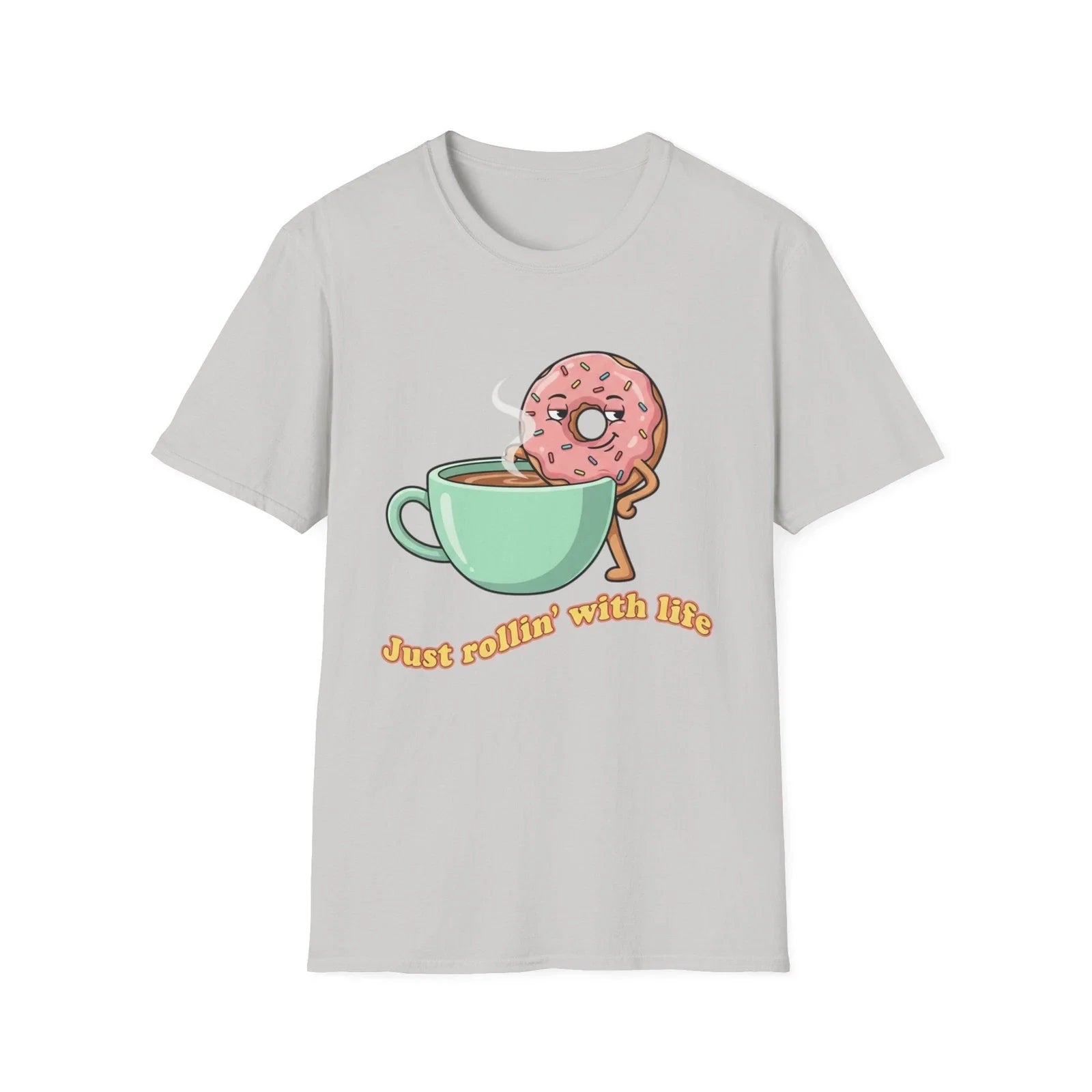 Donut Dipping in Coffee T-Shirt | Cute Pastry Illustration, 'Just rollin' [...] Unisex T-shirt, Sweatshirt, Hoodie, Long Sleeve Tee - T-Shirt, Sweatshirt, Hoodie