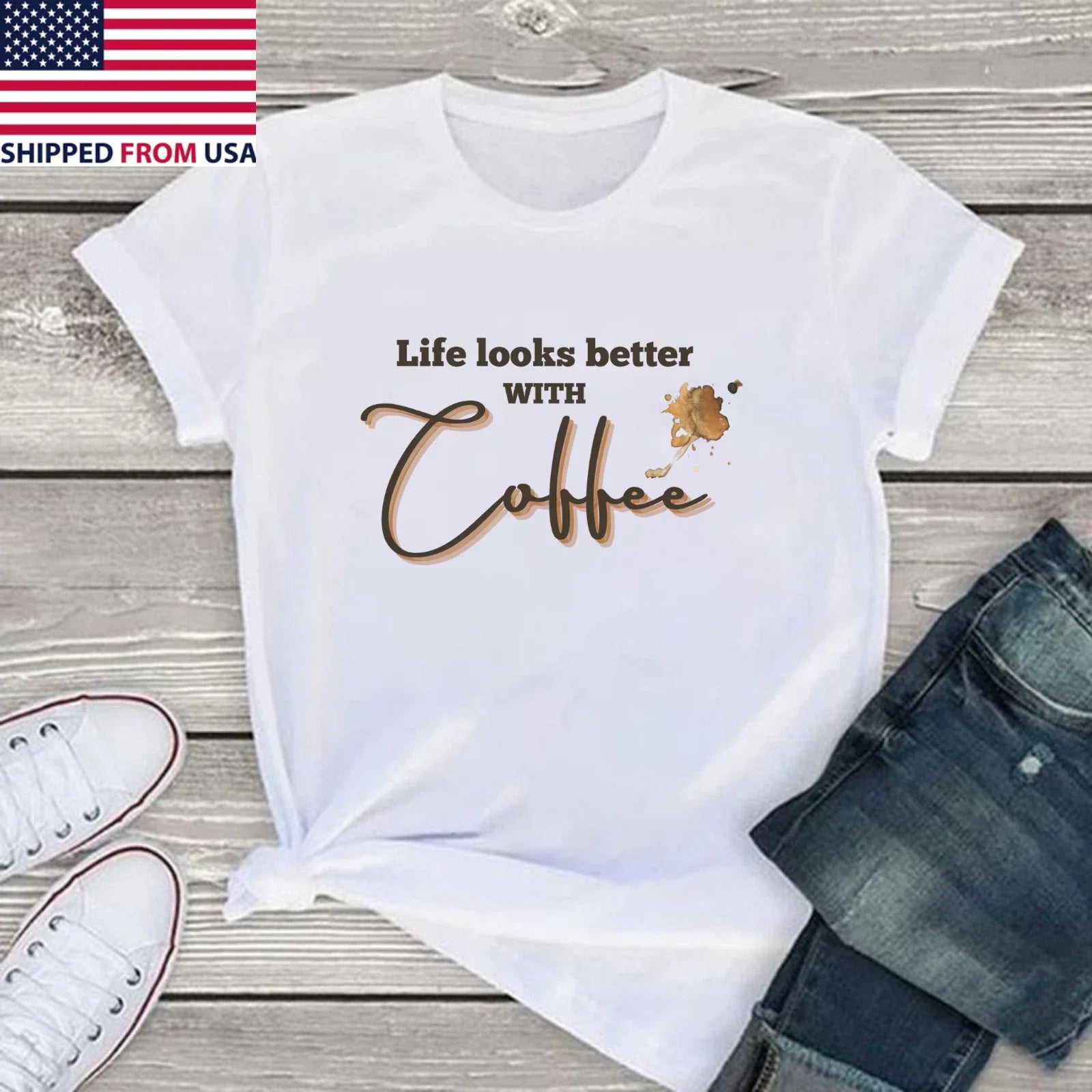 "Life Looks Better with Coffee" Unisex Heavy Cotton Tee - Stylish Athletic Wear Unisex T-shirt, Sweatshirt, Hoodie, Long Sleeve Tee - T-Shirt, Sweatshirt, Hoodie