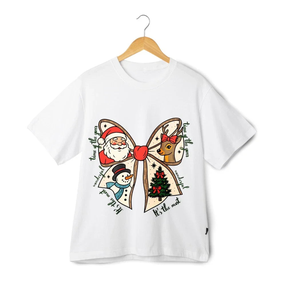 Christmas Bow Santa Reindeer Snowman Shirt Cute Holiday Graphic Tee Festive Top Unisex T-shirt, Sweatshirt, Hoodie, Long Sleeve Tee - T-Shirt, Sweatshirt, Hoodie