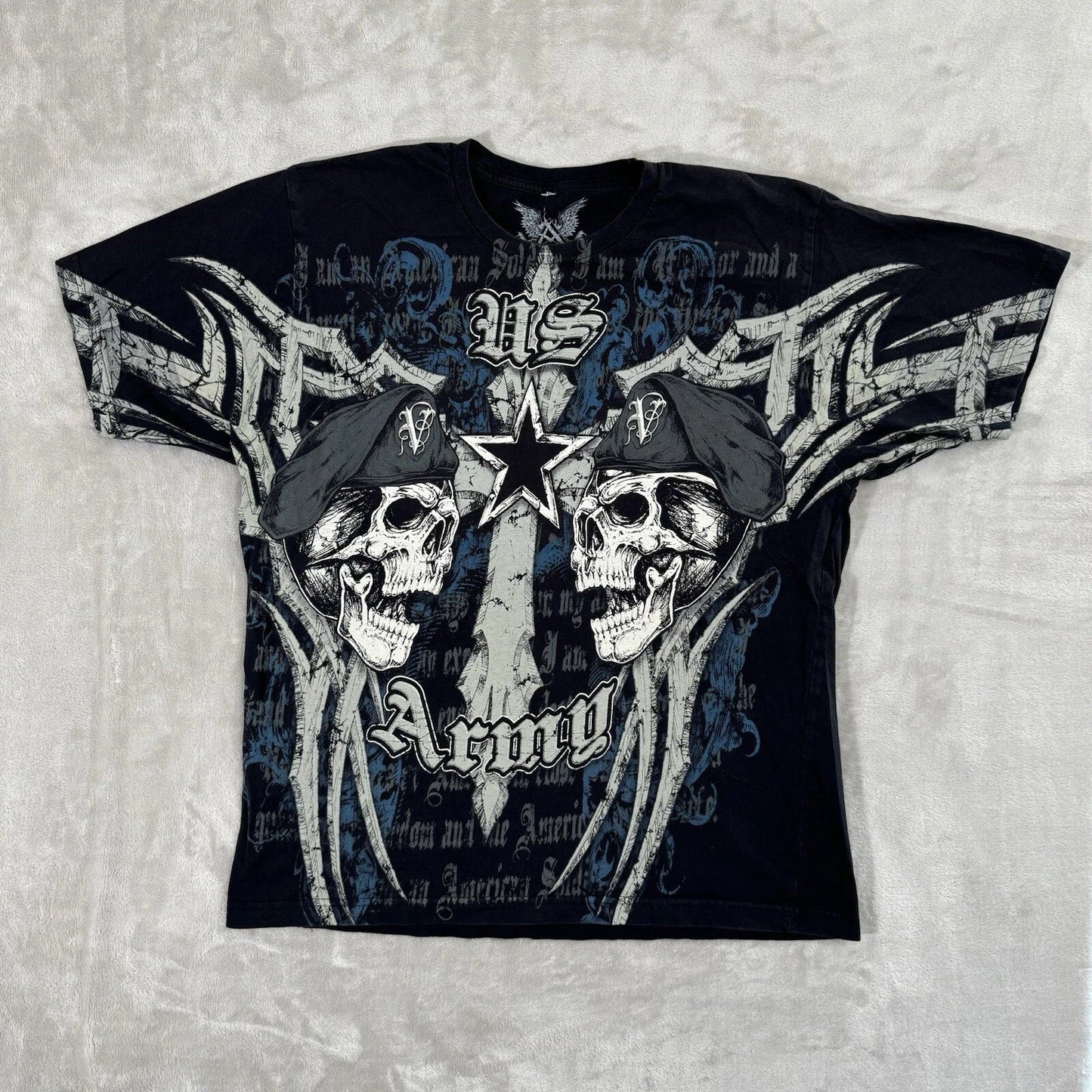 Vintage Y2K APPRIME US Army T-Shirt Mens XL Black Grunge AOP Graphic Affliction Unisex T-shirt, Sweatshirt, Hoodie, Long Sleeve Tee - T-Shirt, Sweatshirt, Hoodie