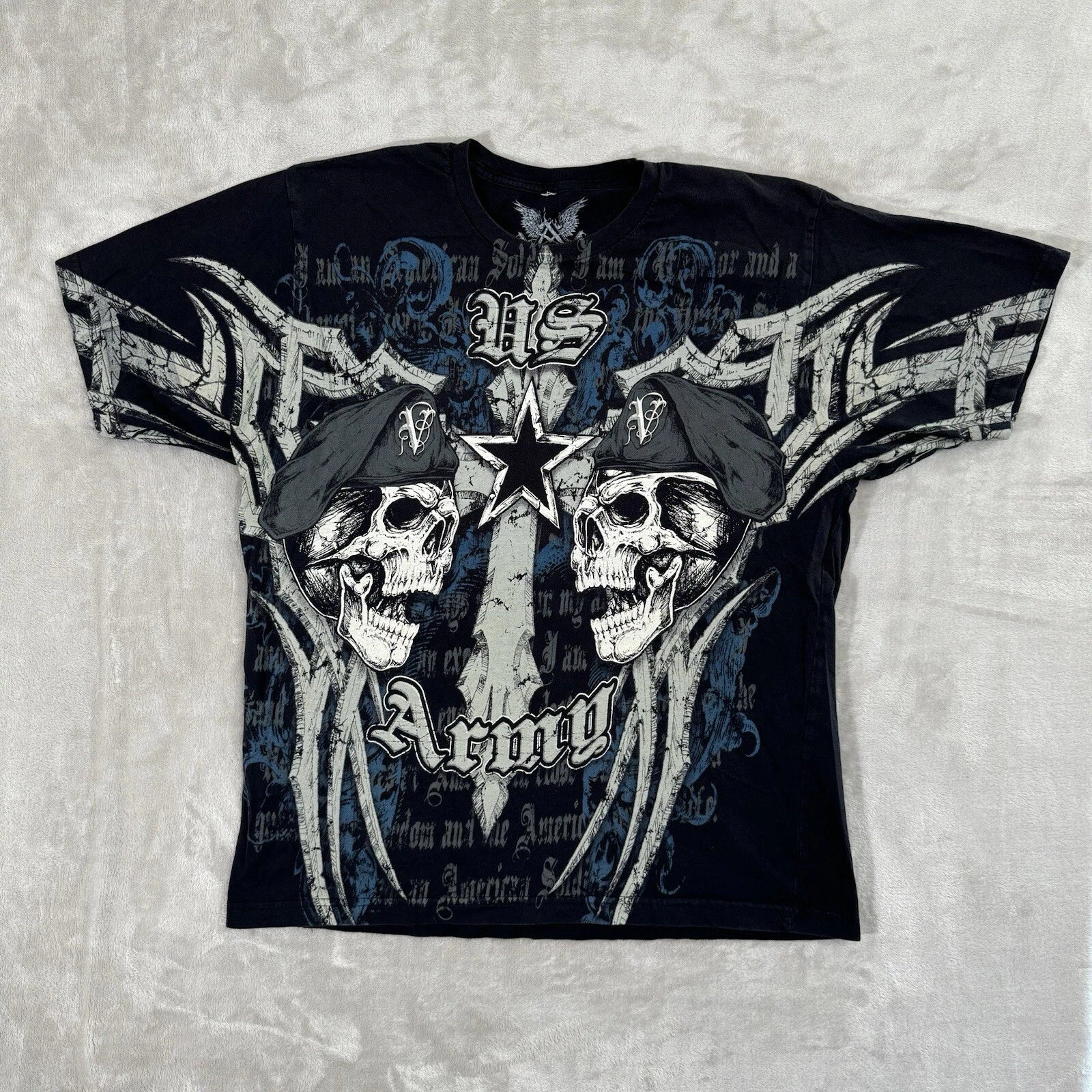 Vintage Y2K APPRIME US Army T-Shirt Mens XL Black Grunge AOP Graphic Affliction Unisex T-shirt, Sweatshirt, Hoodie, Long Sleeve Tee - T-Shirt, Sweatshirt, Hoodie