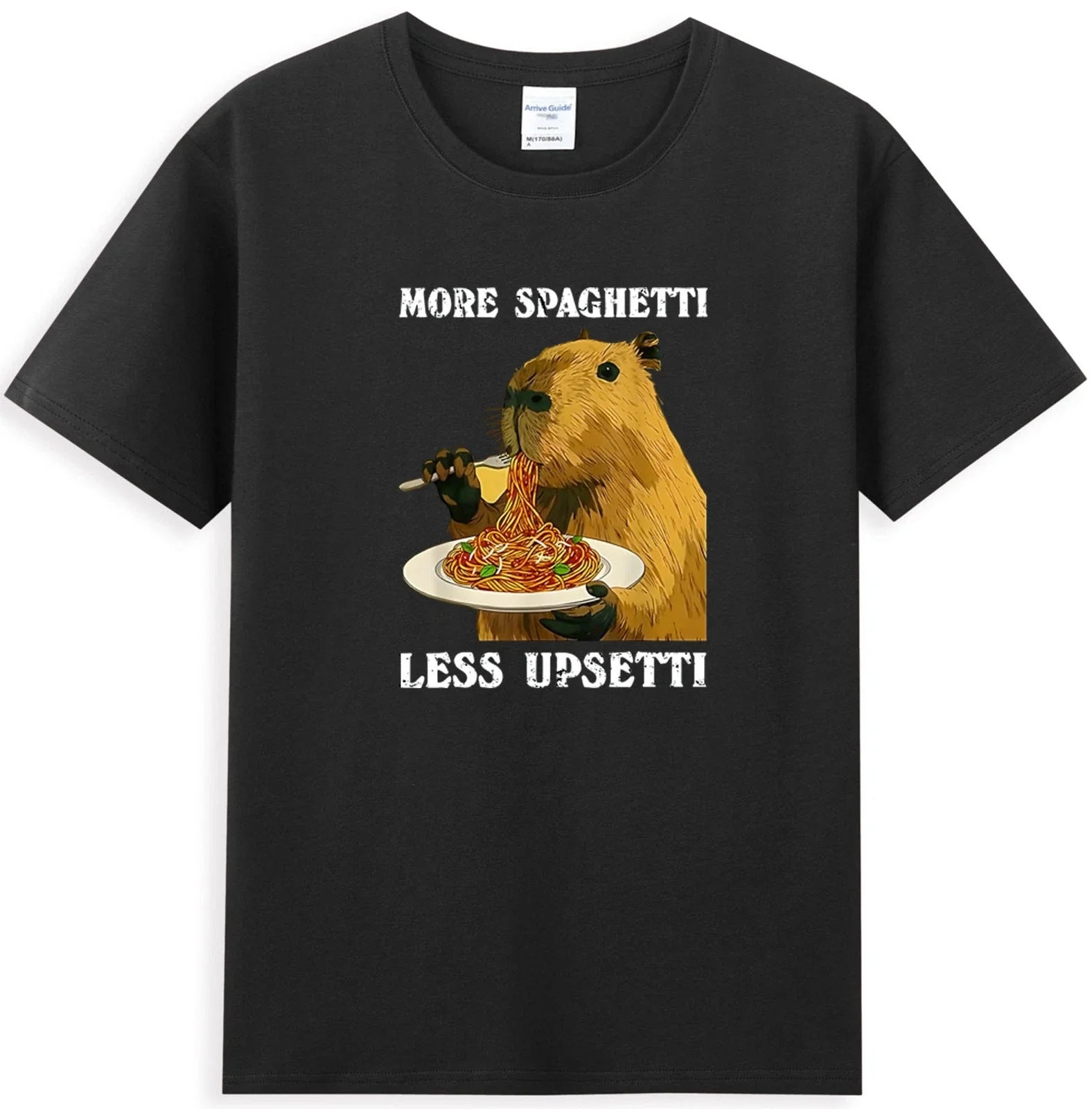 More Spaghetti Less Upsetti Funny Capybara Eating Noodle Graphic T-Shirt Unisex T-shirt, Sweatshirt, Hoodie, Long Sleeve Tee - T-Shirt, Sweatshirt, Hoodie