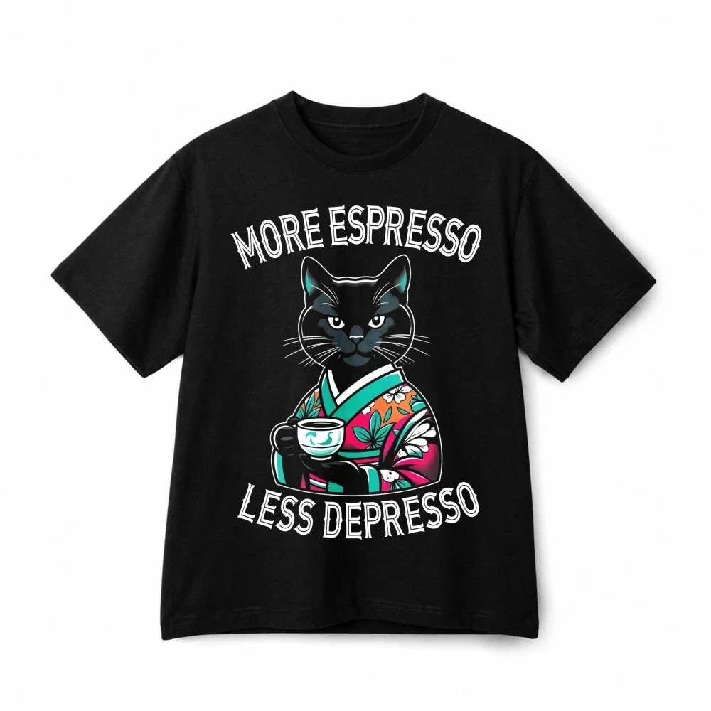 More Espresso Less Depresso Black Cat Funny Retro Graphic Cotton TShirt Unisex Unisex T-shirt, Sweatshirt, Hoodie, Long Sleeve Tee - T-Shirt, Sweatshirt, Hoodie
