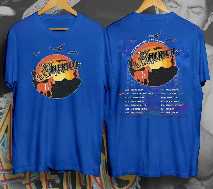 America The Band The Happy Trails Tour 2026 Royal Color Full Size Shirt Unisex T-shirt, Sweatshirt, Hoodie, Long Sleeve Tee - T-Shirt, Sweatshirt, Hoodie