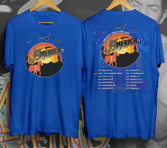 America The Band The Happy Trails Tour 2026 Royal Color Full Size Shirt Unisex T-shirt, Sweatshirt, Hoodie, Long Sleeve Tee - T-Shirt, Sweatshirt, Hoodie