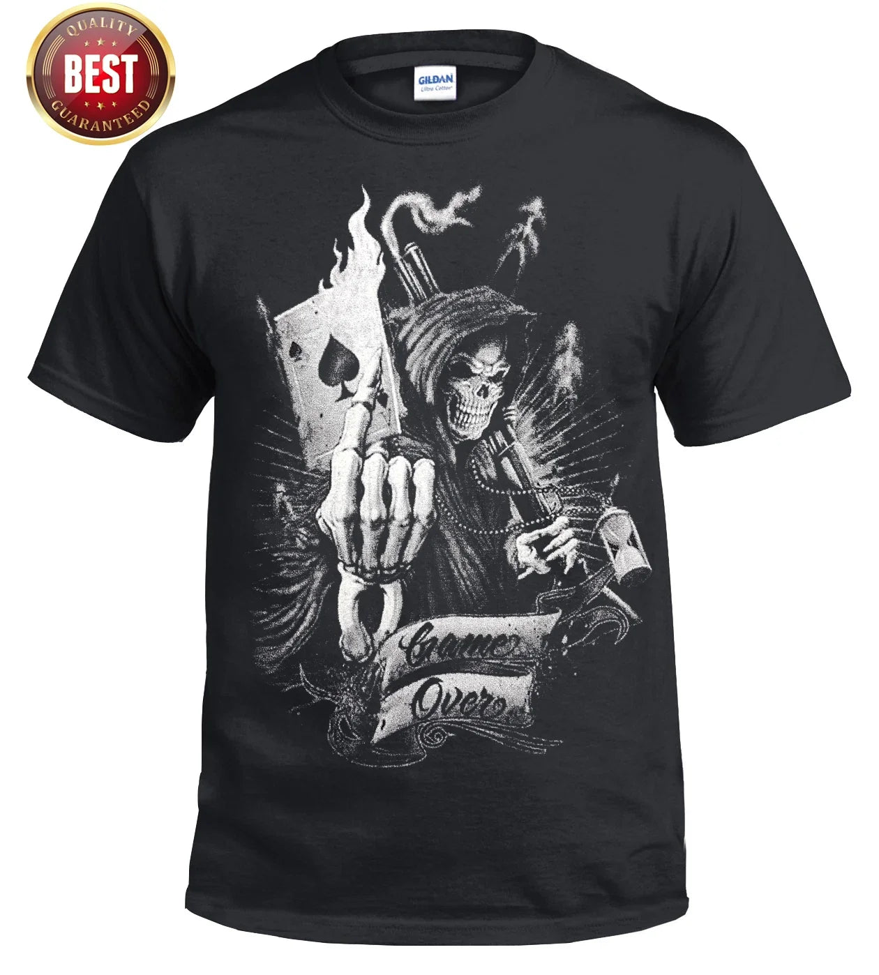Official Game Over T Shirt Reaper Skull Goth Card Poker Ace Metal Rock music Top Unisex T-shirt, Sweatshirt, Hoodie, Long Sleeve Tee - T-Shirt, Sweatshirt, Hoodie
