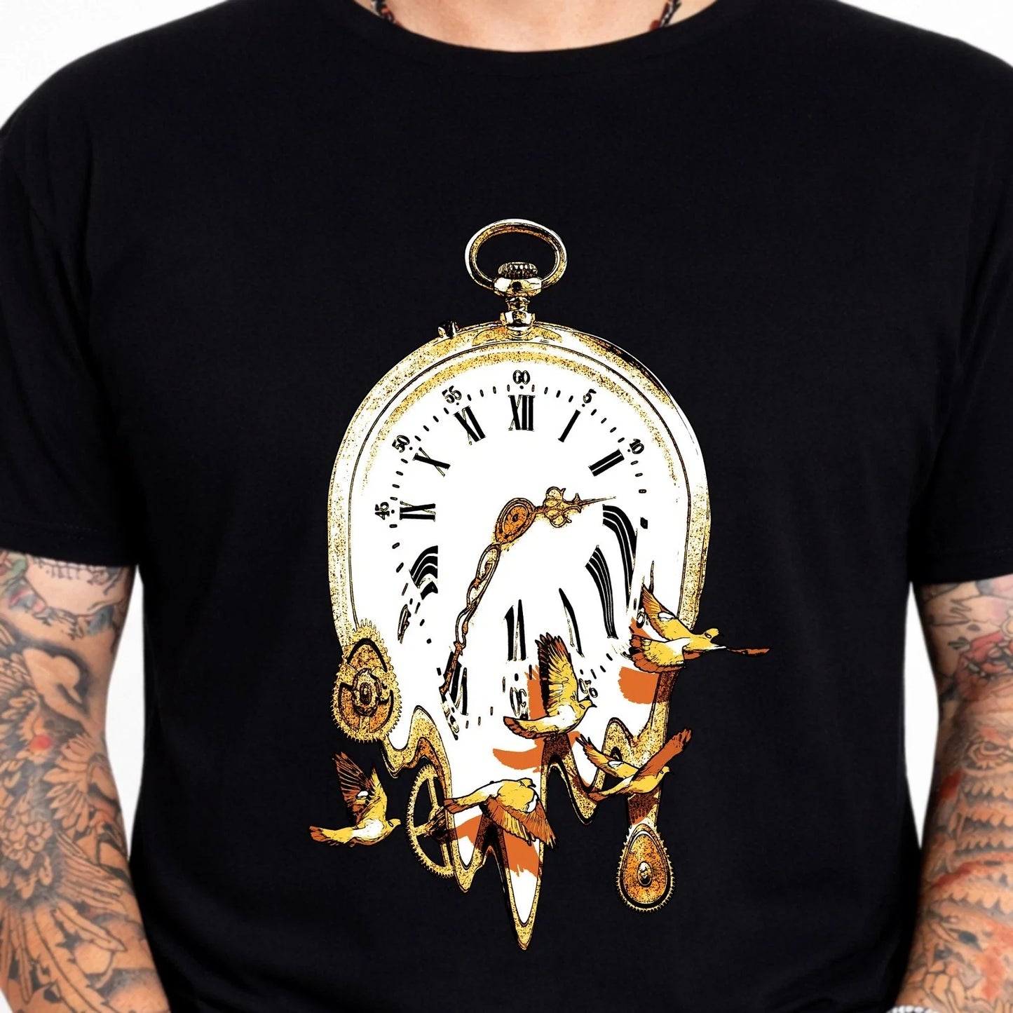 Melting Pocket Watch Birds Steampunk Surreal Time Fantasy Art T-Shirt. Unisex T-shirt, Sweatshirt, Hoodie, Long Sleeve Tee - T-Shirt, Sweatshirt, Hoodie