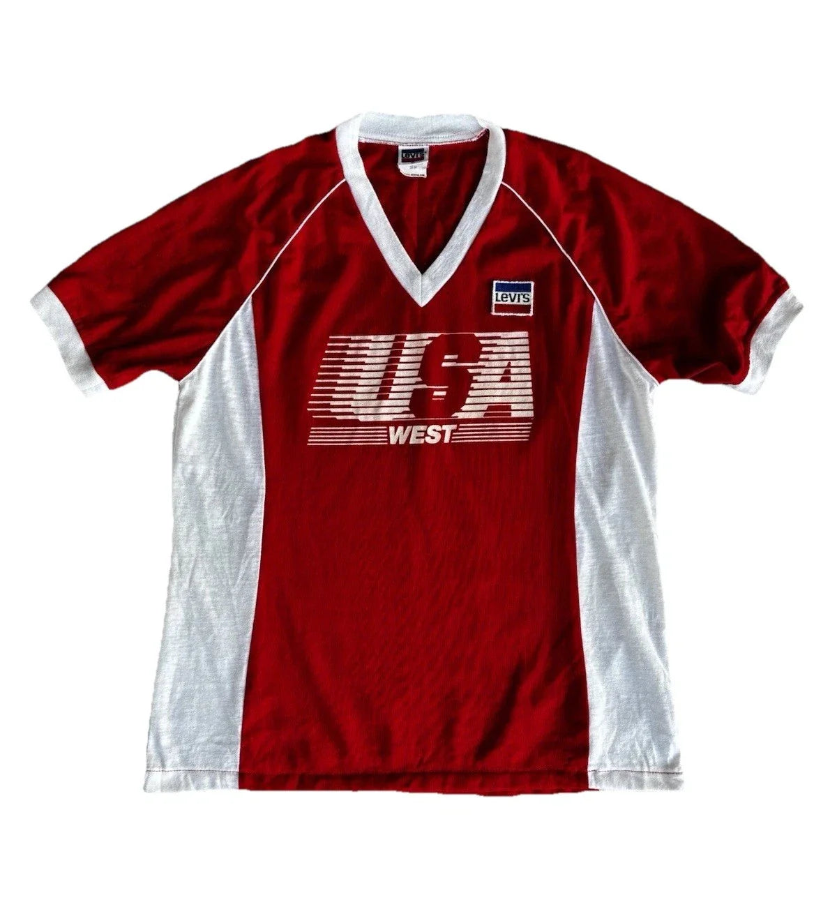 Levis Vintage 1984 USA West LA Olympics V-neck Ringer Collar Tee XL 22 X 27 Unisex T-shirt, Sweatshirt, Hoodie, Long Sleeve Tee - T-Shirt, Sweatshirt, Hoodie