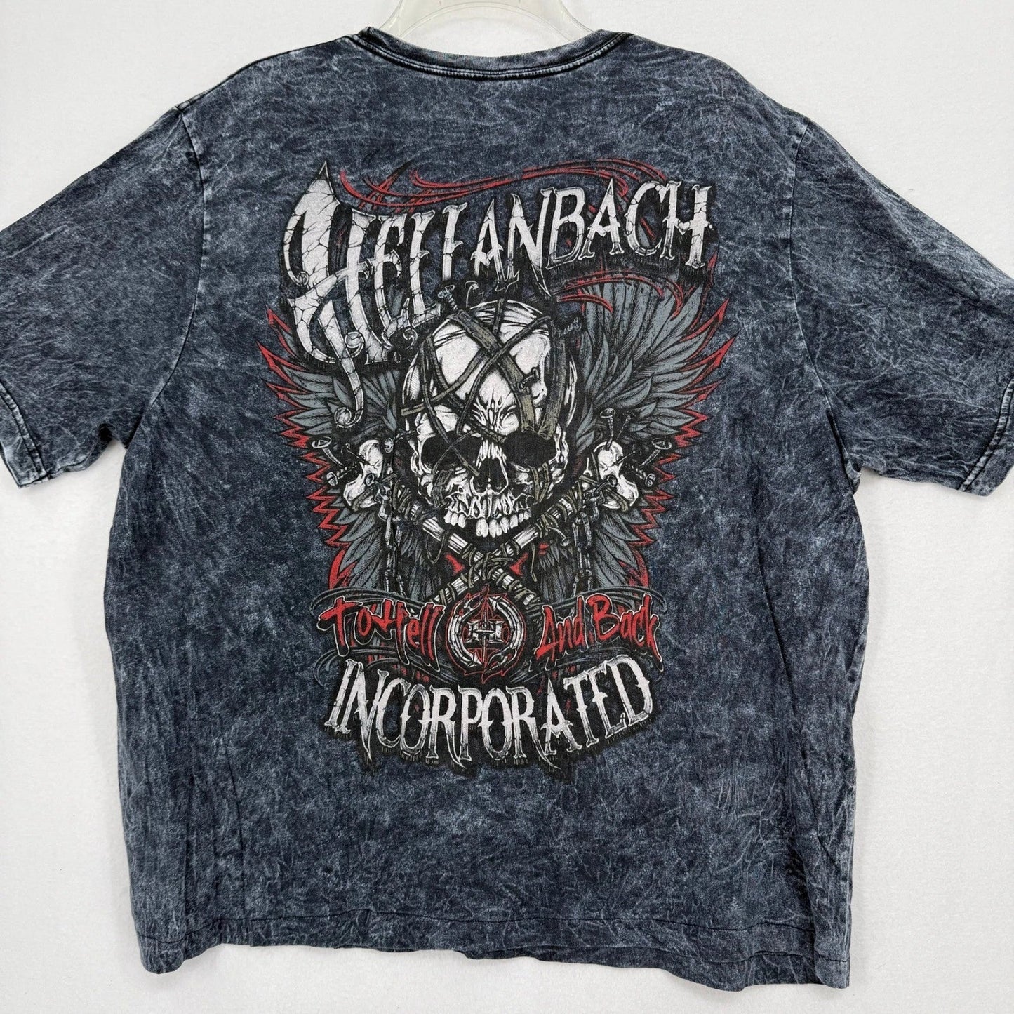 Hellanbach Graphic T-Shirt Mens XL Gray Acid Wash Skull Wings To Hell And Back Unisex T-shirt, Sweatshirt, Hoodie, Long Sleeve Tee - T-Shirt, Sweatshirt, Hoodie