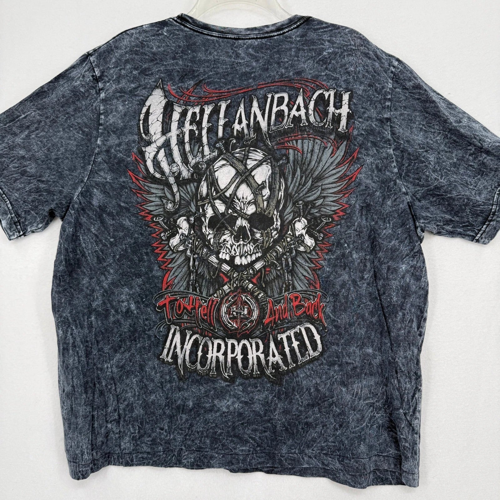 Hellanbach Graphic T-Shirt Mens XL Gray Acid Wash Skull Wings To Hell And Back Unisex T-shirt, Sweatshirt, Hoodie, Long Sleeve Tee - T-Shirt, Sweatshirt, Hoodie
