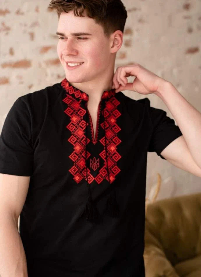 Men Embroidered T-Shirt Black Boho Henley Tee Knit Short Sleeve Bohemian Shirt Unisex T-shirt, Sweatshirt, Hoodie, Long Sleeve Tee - T-Shirt, Sweatshirt, Hoodie