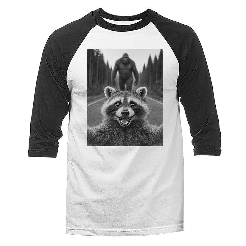 Scared Raccoon Selfie with Sasquatch Bigfoot Humorous 3/4 Sleeve Raglan Unisex T-shirt, Sweatshirt, Hoodie, Long Sleeve Tee - T-Shirt, Sweatshirt, Hoodie