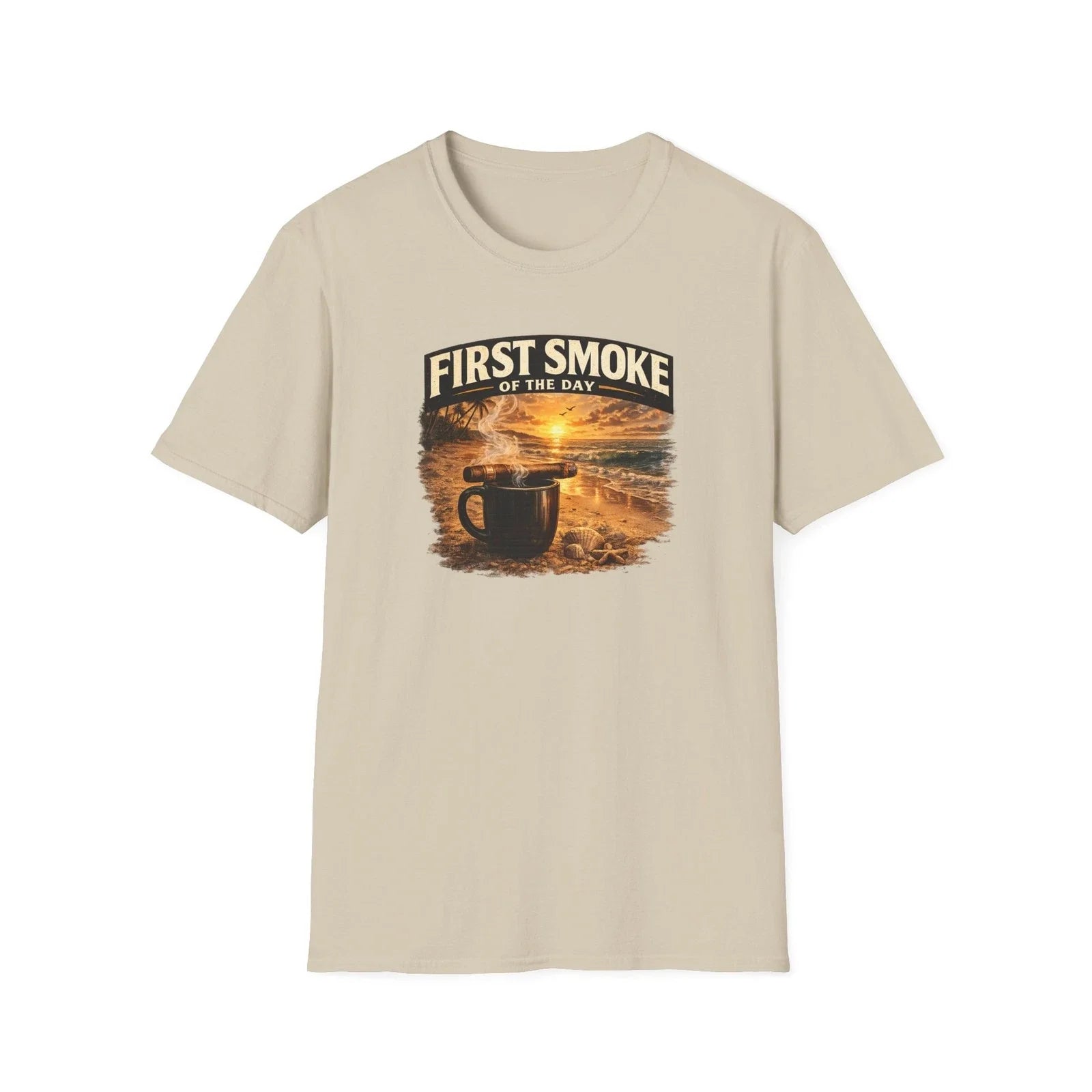 First Smoke of the Day T-Shirt  Cigar & Coffee Beach Sunrise Tee Unisex T-shirt, Sweatshirt, Hoodie, Long Sleeve Tee - T-Shirt, Sweatshirt, Hoodie