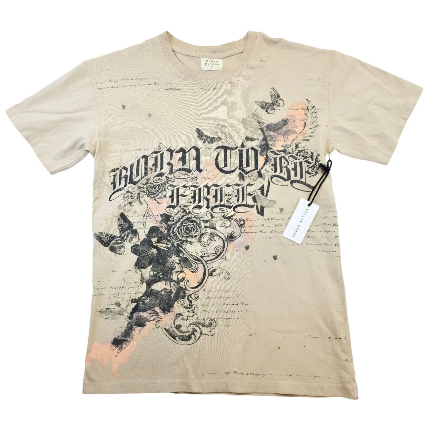 Urban Nation Born To Be Free Graphic Tee Tan Script Butterfly Roses Sz Small NWT Unisex T-shirt, Sweatshirt, Hoodie, Long Sleeve Tee - T-Shirt, Sweatshirt, Hoodie