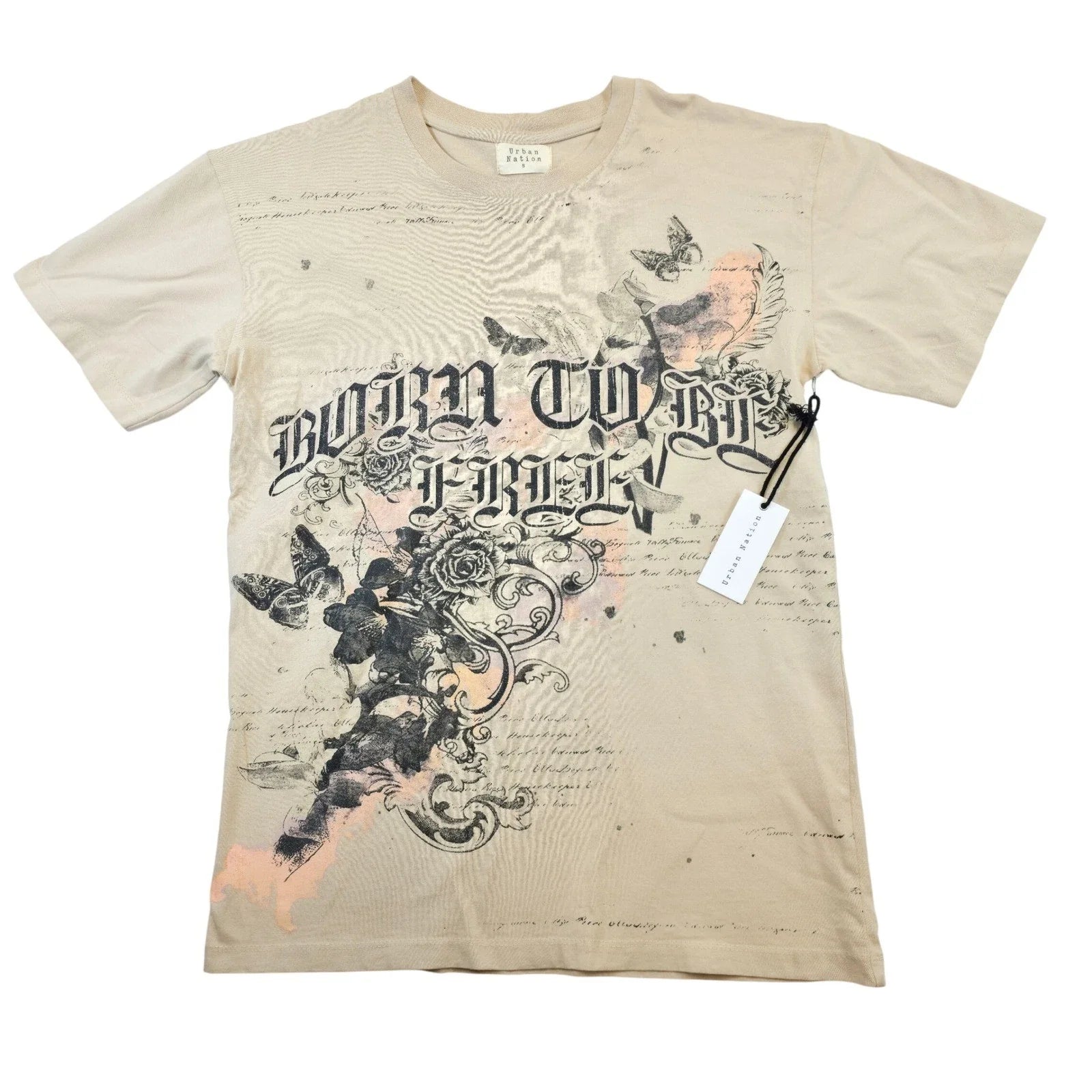 Urban Nation Born To Be Free Graphic Tee Tan Script Butterfly Roses Sz Small NWT Unisex T-shirt, Sweatshirt, Hoodie, Long Sleeve Tee - T-Shirt, Sweatshirt, Hoodie