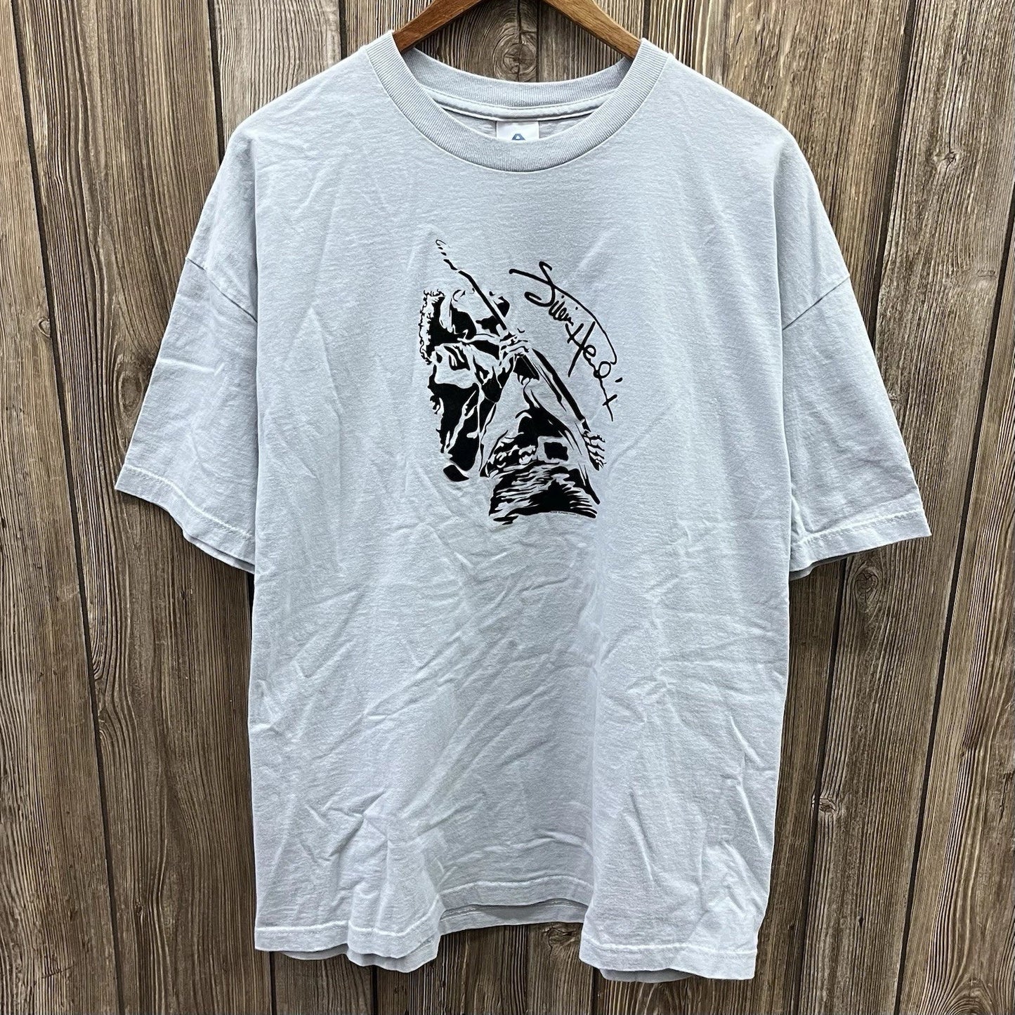Vintage Jimi Hendrix Guitar Suede Print Graphic Tee Shirt Y2K Grey Mens XXL 2XL Unisex T-shirt, Sweatshirt, Hoodie, Long Sleeve Tee - T-Shirt, Sweatshirt, Hoodie