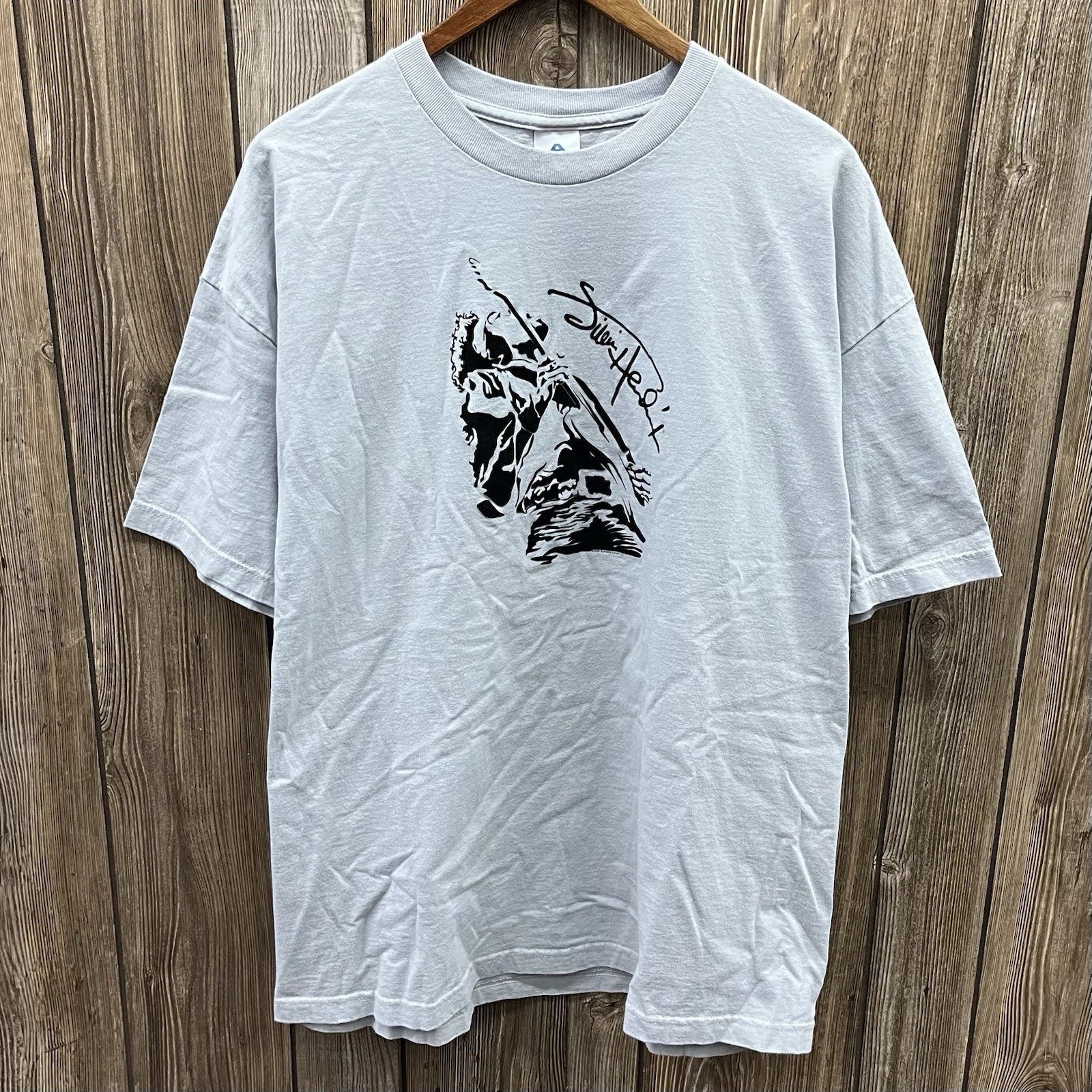 Vintage Jimi Hendrix Guitar Suede Print Graphic Tee Shirt Y2K Grey Mens XXL 2XL Unisex T-shirt, Sweatshirt, Hoodie, Long Sleeve Tee - T-Shirt, Sweatshirt, Hoodie