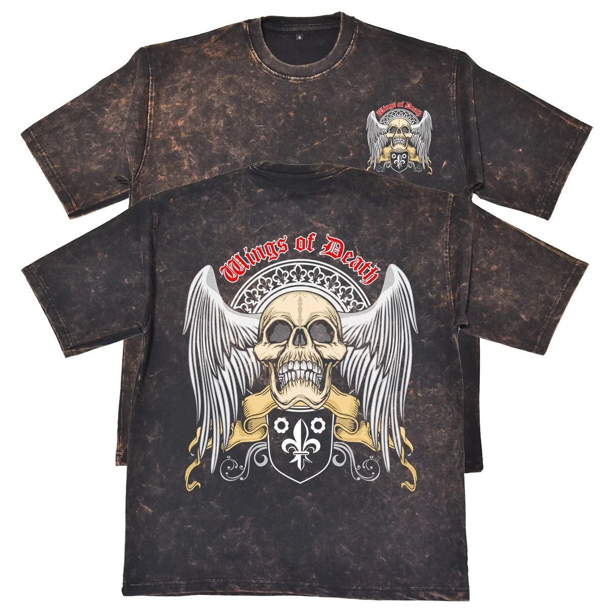 Wings Of Death Unisex Mens Rust 240gsm French Terry Acid Wash T-Shirt Gothic Unisex T-shirt, Sweatshirt, Hoodie, Long Sleeve Tee - T-Shirt, Sweatshirt, Hoodie