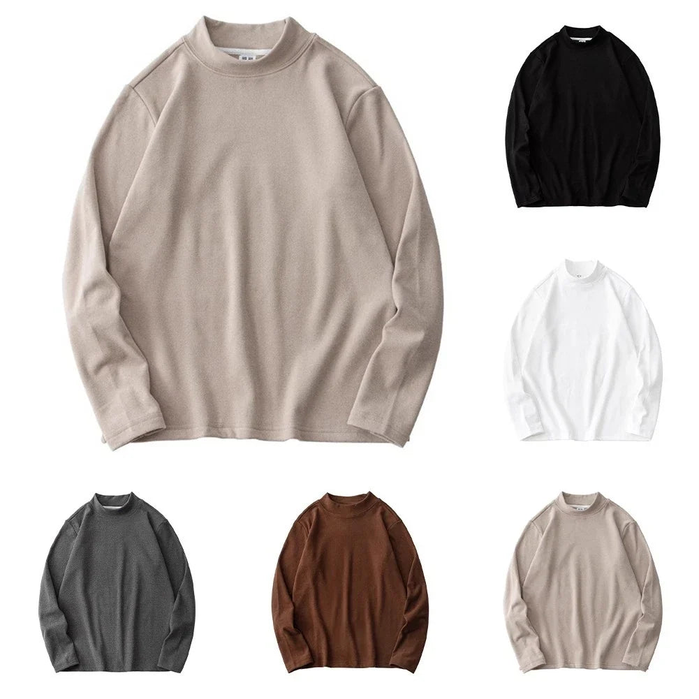 Men's Minimalist Long Sleeve Half Turtleneck Pullover Top Solid Color Basic Top Unisex T-shirt, Sweatshirt, Hoodie, Long Sleeve Tee - T-Shirt, Sweatshirt, Hoodie