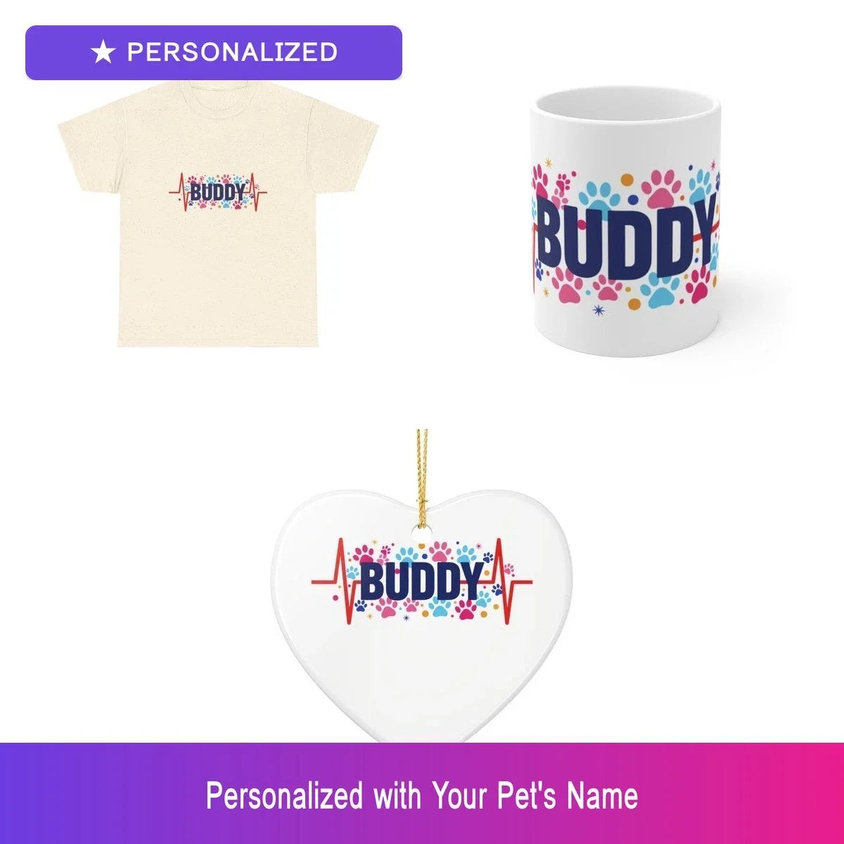 Custom Shih Tzu Paw Print Gift Set Shirt Mug Ornament Personalized Pet Name Unisex T-shirt, Sweatshirt, Hoodie, Long Sleeve Tee - T-Shirt, Sweatshirt, Hoodie