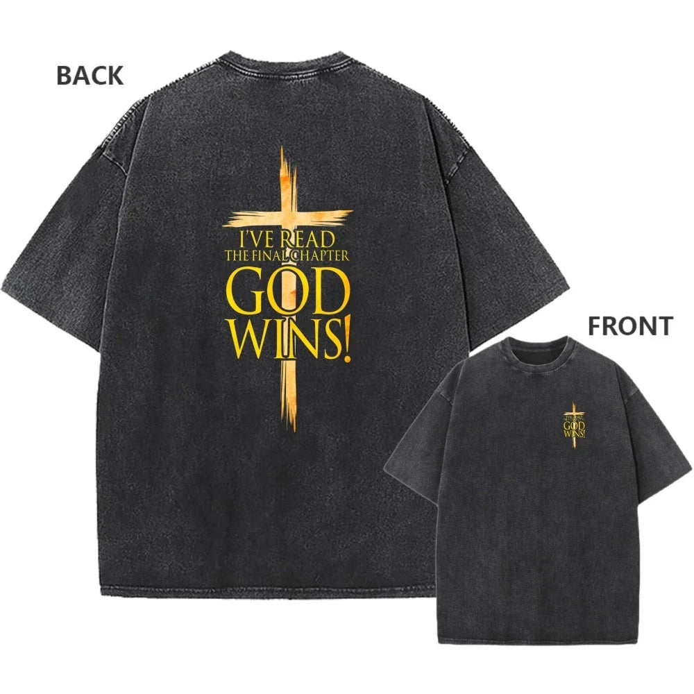 Men's Vintage Oversized Washed T-Shirt Cotton God Wins Faith Cross Casual Tee Unisex T-shirt, Sweatshirt, Hoodie, Long Sleeve Tee - T-Shirt, Sweatshirt, Hoodie