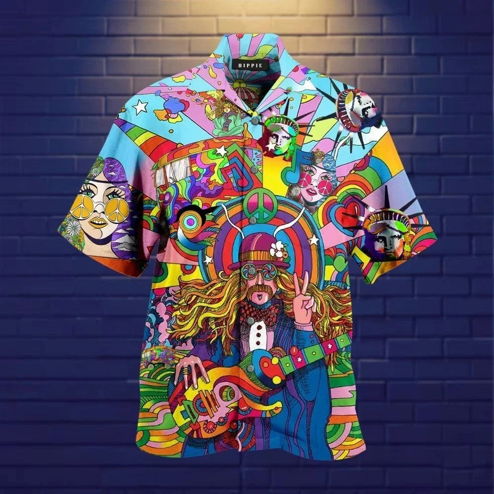 Mens Button Down Psychedelic Hippie Graphic Hawaiian Top Novelty Holiday Shirt Unisex T-shirt, Sweatshirt, Hoodie, Long Sleeve Tee - T-Shirt, Sweatshirt, Hoodie